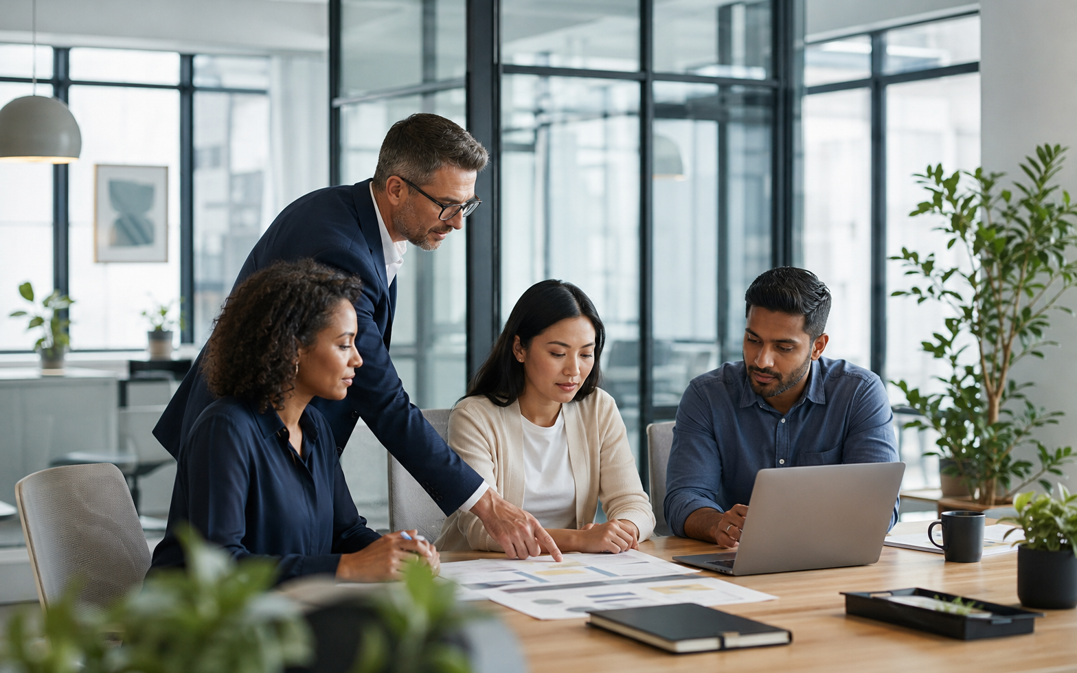 Business operations specialists collaborating in a modern office