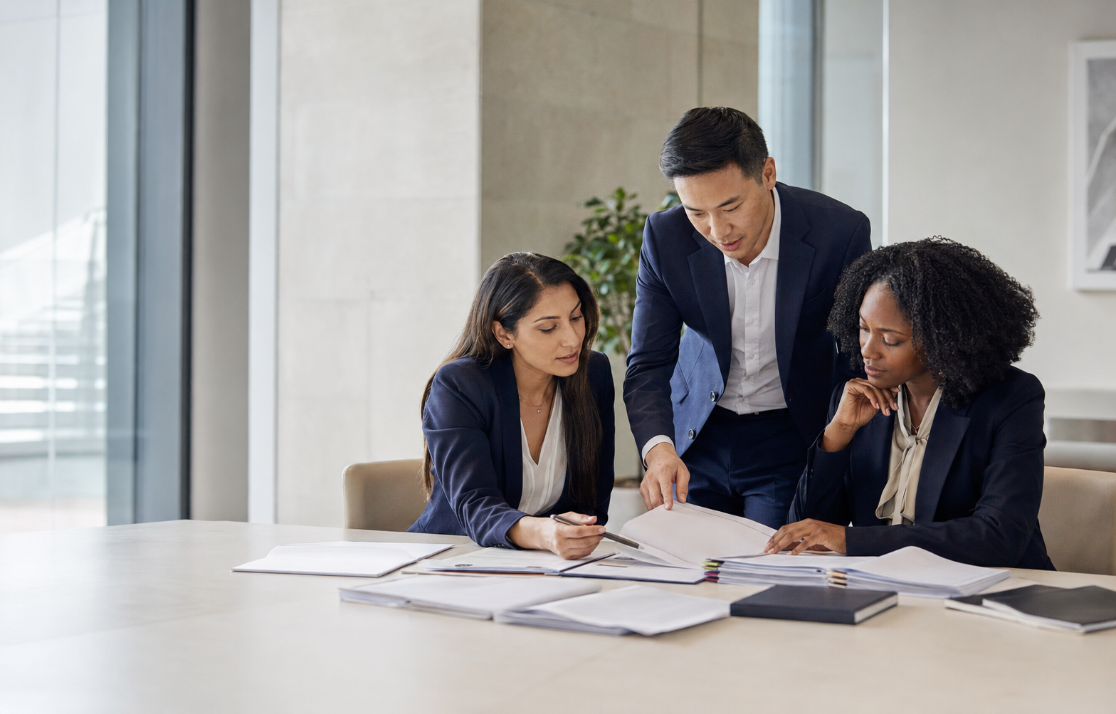 Proposal specialists reviewing business documents in a modern office