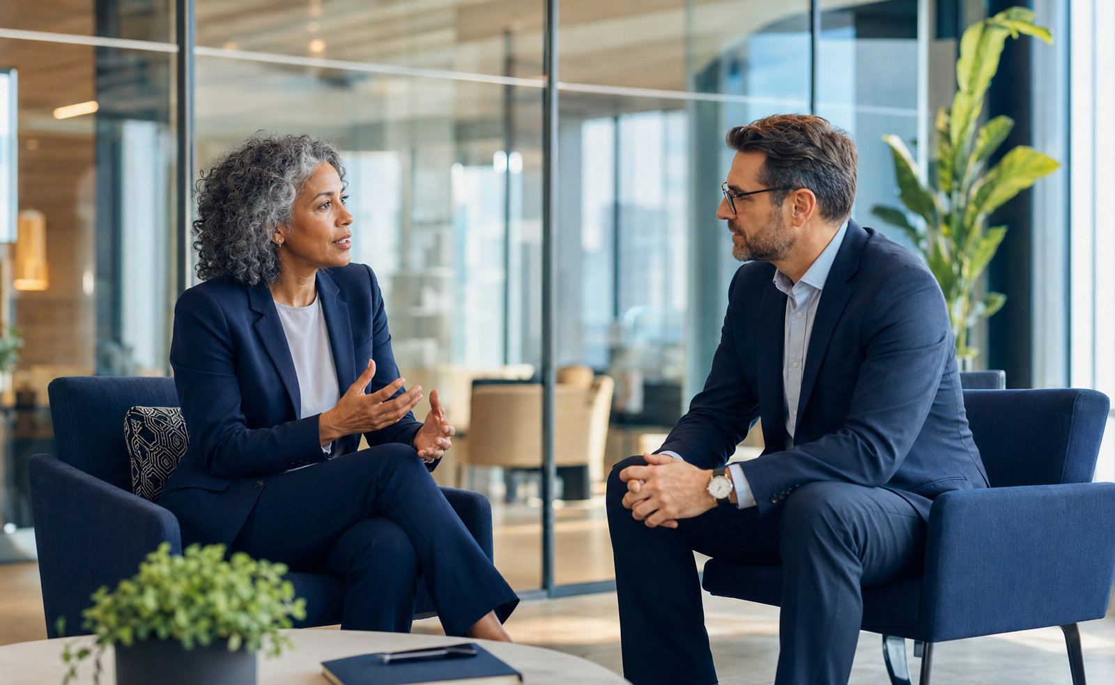 Recruiter and candidate in a modern office conversation